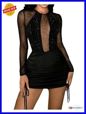 Sparkly Mesh Sheer Bodycon Dress Ruched Long Sleeve Mini